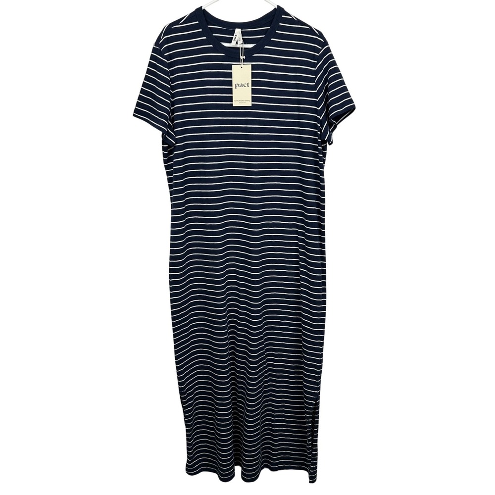 PACT Organic Womens Large Saranac Stripe Organic Cotton Slub Easy Tee Dress NWT
